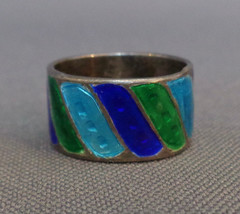 Vintage Sterling Silver Enamel Ring Wide Band Diagonal Blue Green Turquoise Sz 5 - £15.97 GBP