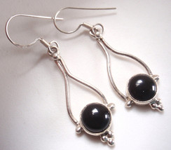 Black Onyx Round 925 Sterling Silver Long Dangle Earrings - $10.79