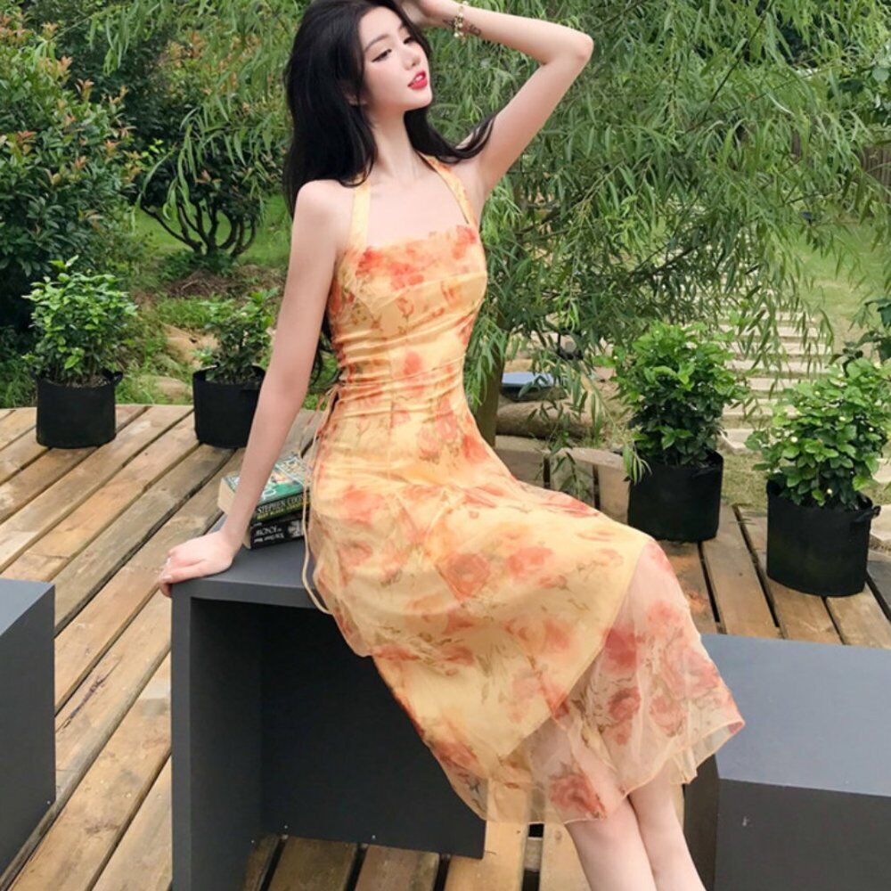 Medieval Print Midi Sundress | Women Halter Summer Dress Party Office Dress - $49.00