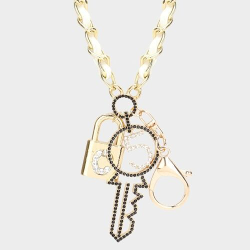 Primary image for Long White Leather Gold Key Charm Necklace Pendant Style Lock Rhinestone Jewelry