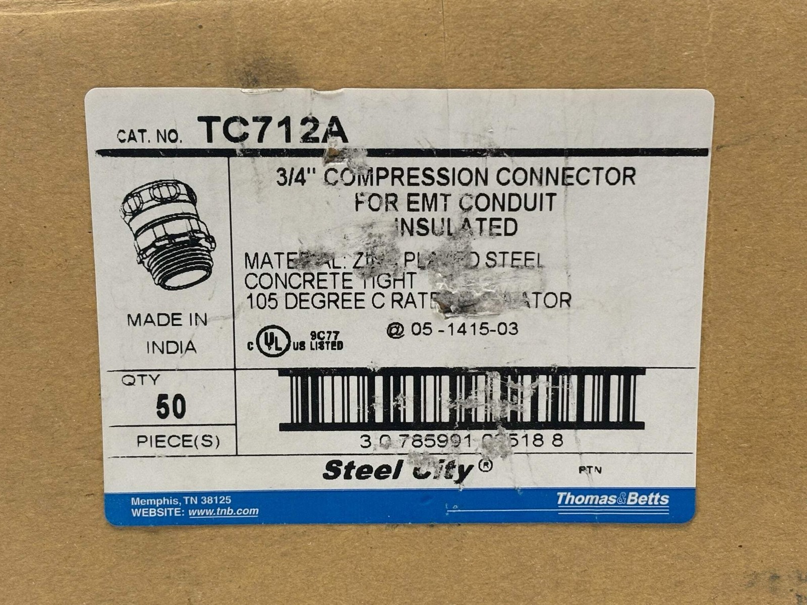 50PK Steel City TC712A 3/4" Insulated EMT Compression Connector Item image 10