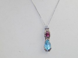 STUNNING Sterling Pink Tourmaline Blue Topaz Necklace 19&quot; - £24.03 GBP