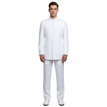 Mens Apollo King Banded Collarless suit Chinese Mandarin Wide leg AG98 White image 5