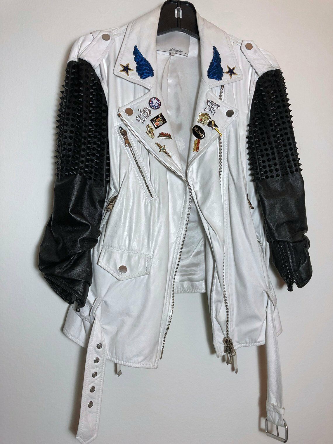 Two Tone Black White Cont Genuine Leather Studded Arms Punk Rock Patches Jacket