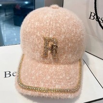 Hat Female Autumn Winter Chenille Warm Cap Rhinestone R Baseball Cap - £11.58 GBP