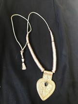 Vintage 90&#39;S Heavy Heart / Conch Shaped Pendant Wrapped Cord necklace - £16.50 GBP