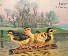 Easter Postcard Fantasy Baby Chicks Floating On Log Water View Lake 1908 Germany - £9.20 GBP