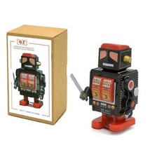 MARCHING ROBOT w SWORD 4&quot; Black Red Wind Up Tin Toy Collectible Retro MS517 - £18.32 GBP