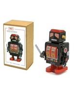 MARCHING ROBOT w SWORD 4&quot; Black Red Wind Up Tin Toy Collectible Retro MS517 - £18.34 GBP