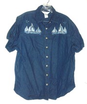 Van Heusen Blue Jean Denim Shirt with Embroidered Sailboat Scenes Size Large - £21.52 GBP