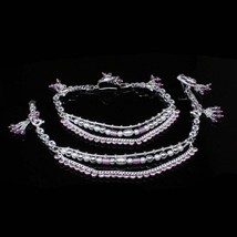 Bridal Real Silver pink CZ floral Anklets Ankle chain Bracelet Pair 10.5&quot; - £142.03 GBP