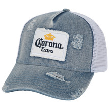 Corona Extra Label Patch Distressed Light Denim Adjustable Hat Blue - £29.21 GBP
