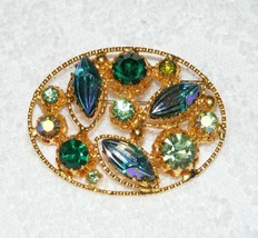 Vintage Austrian Made Green Blue Iridescent Rhinestone GOLD-TONE Pin Brooch Euc - £28.05 GBP