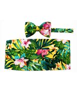 Green and Yellow Hawaiian Floral Cummerbund and Bow Tie Set, Vibrant Tro... - $122.50