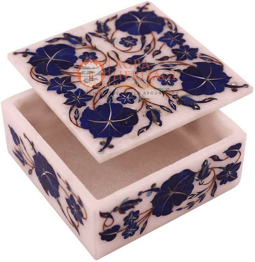 4"x4"x2" White Jewelry Organizer Box Lapis Marquetry Flower Art Christmas Gift Item image 3