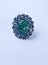 Vintage sterling silver green turquoise oval shape ring sun wave flower design - £21.50 GBP