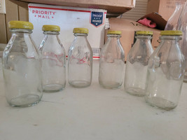Set of 6 Vintage Glass Juice Bottles Metal Lids 4.5&quot; Milk? - £15.79 GBP