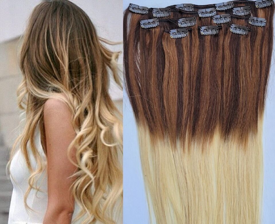 Primary image for 24″ Ombre Clip in Hair Extensions Real Human Hair Clip on for Full Head T4/6/613