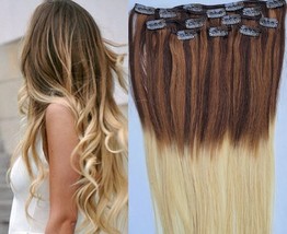 24″ Ombre Clip in Hair Extensions Real Human Hair Clip on for Full Head T4/6/613 - £97.30 GBP