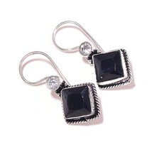 Black Onyx, Cubic Zirconia Gems 925 Silver Overlay Handmade Drop Dangle Earrings - £8.73 GBP