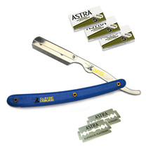 Stainless Steel Professional Straight Edge Barber Razor + 15 Astra Blades (Blue) - £11.03 GBP