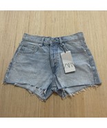 Zara Women’s Light Blue Button Fly Cut Off Raw Hem Shorts Rhinestone Size 2 New - $29.02
