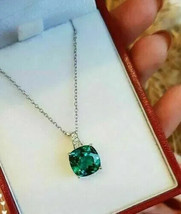 2Ct Cushion Cut Simulated Green Emerald Pendant 14K White Gold Plated 18&quot; Chain - £26.29 GBP