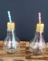 2 Light Bulb Shape Drinking Glasses w/  Straws Party Beer Cocktail Bar Lightbulb - £18.70 GBP