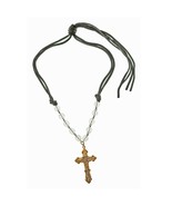 Brass Baroque Scroll Style Cross on Crystal and Black Leather Tie Necklace - $27.06 CAD