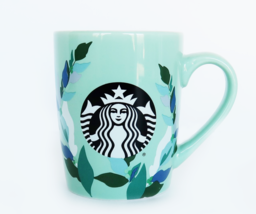 Cool green &amp; blue plant leaf themed Starbucks 10 ounce coffee mug cup - £15.62 GBP