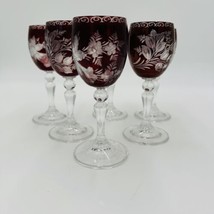 Czech Bohemian Cranberry Cordial Glasses Cut Etched Set 6 Pieces 5” Vint... - $233.75
