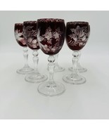 Czech Bohemian Cranberry Cordial Glasses Cut Etched Set 6 Pieces 5” Vint... - £183.81 GBP