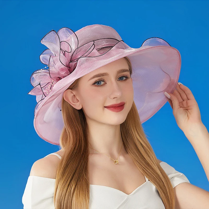 1PC Floral Organza Sun Hat for Women Wide Brim Church Kentucky Derby Fascinator - £12.65 GBP
