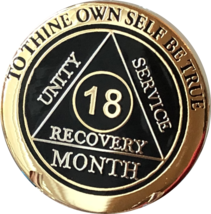 18 Month AA Medallion Elegant Black Gold &amp; Silver Plated Sobriety Chip Coin  - £12.64 GBP