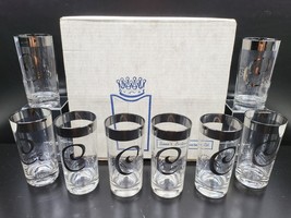 8 Queens Lusterware Monogram &quot;C&quot; Silver Rim Highball Glass &amp; Box Set Vintage MCM - £63.19 GBP