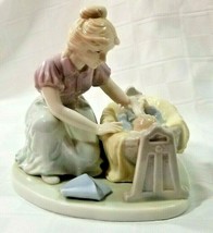 Vtg Porcelain Figurine MOTHER FEEDING BABY IN CRADLE Unmarked E7 - £15.97 GBP