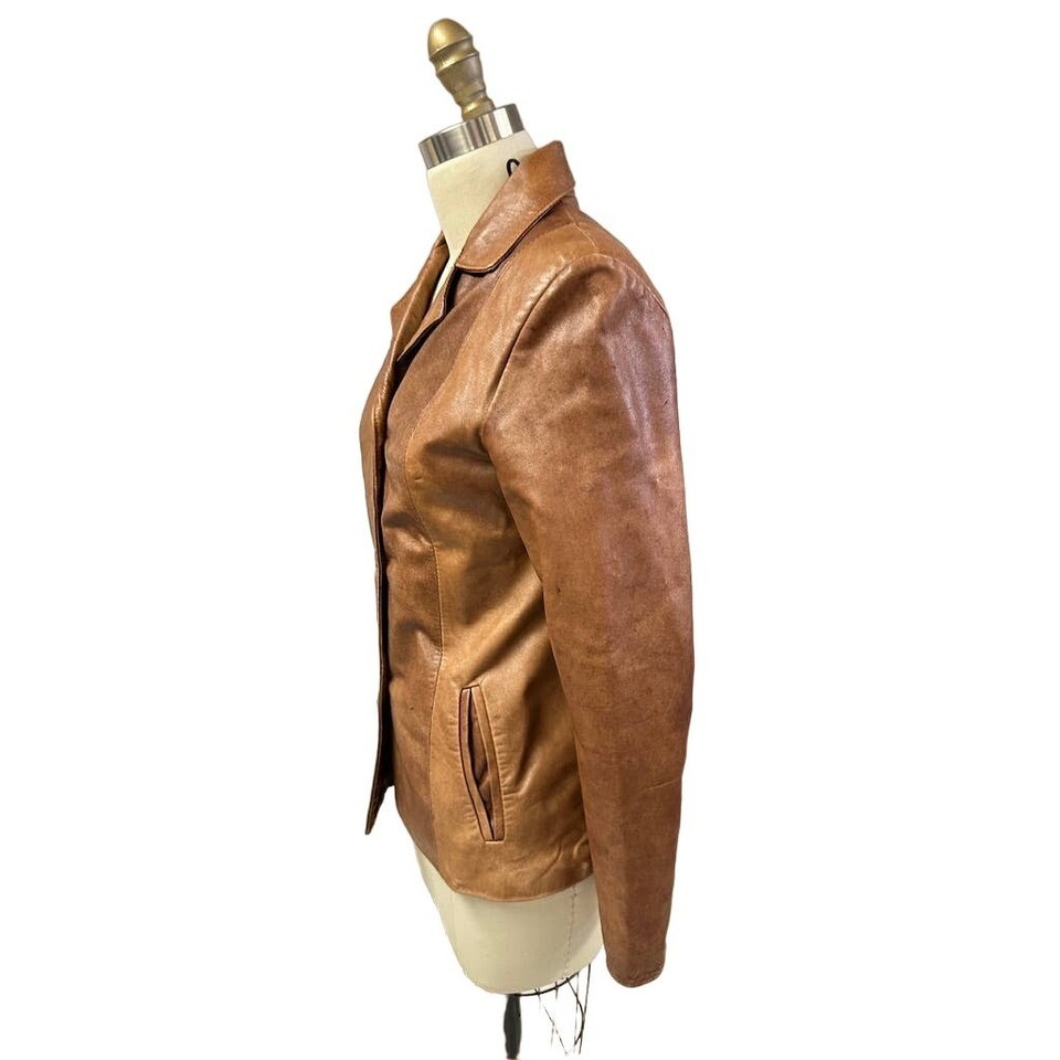 VTG Vera Pelle Italian Leather Jacket Cognac Brown Distressed Notch Collar Sz M Item image 5