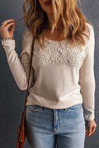 Beige Lace Crochet V Neck Long Sleeve Top - £22.32 GBP