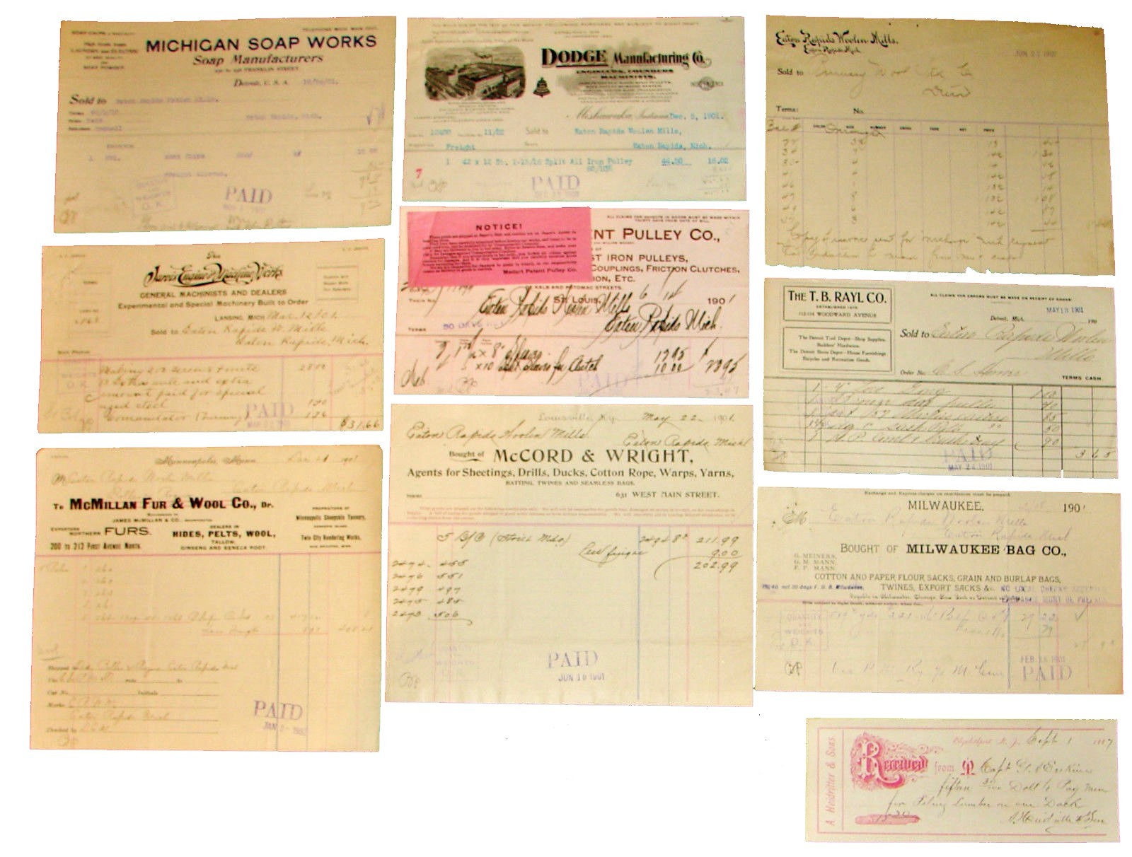 10 1887-1901 Billhead Document Receipts Soap Paper Pulley Cotton Rope Fu... - $24.99
