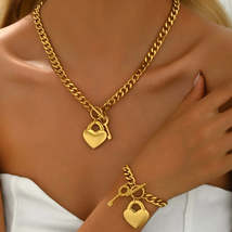 18K Gold-Plated Heart Lock Pendant Necklace and Bracelet Jewelry Set - $18.44
