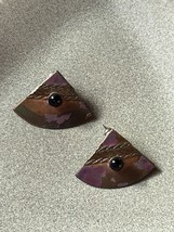 Vintage Variegated Bronze Rounded Triangle w Small Black Onyx Cab Post Earrings - £10.49 GBP