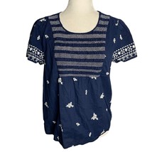 Lucky Brand Embroidered Peasant Top S Blue Short Sleeve Smocking Key Hole Back - £14.47 GBP
