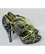 Womens Rampage Faithful Black Snakeskin Print Neon Yellow High Heel Sand... - $8.90