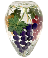 Vintage Hand Painted Glass Vase Grapes Red Orange Purple Leaves 6 inches - £15.59 GBP