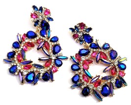 Dangle Bridesmaids Earrings, Rhinestone Drop Earrings, Blue Multi Crystal Chande - £31.04 GBP