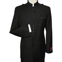 Mens Apollo King Banded Collarless suit Chinese Mandarin Wide leg AG91 Black image 2