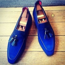 NEW Handmade Men Oxford Tassels Shoes, Men Blue Suede formal loafer shoes - £112.46 GBP