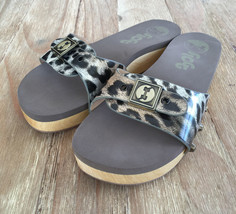 FLOGG Wood Bottom Slide Sandal Metallic Leopard Strap Buckle Womens Size 6 - $35.20