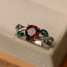 1.75Ct Round Cut Red Garnet &amp; Emerald Diamond Pretty Ring 14k White Gold Finish - £95.61 GBP