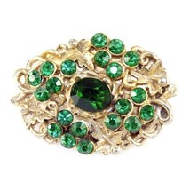 Fancy Vintage Brooch Goldtone Emerald Green Rhinestones Paste 1930S Stat... - $23.76